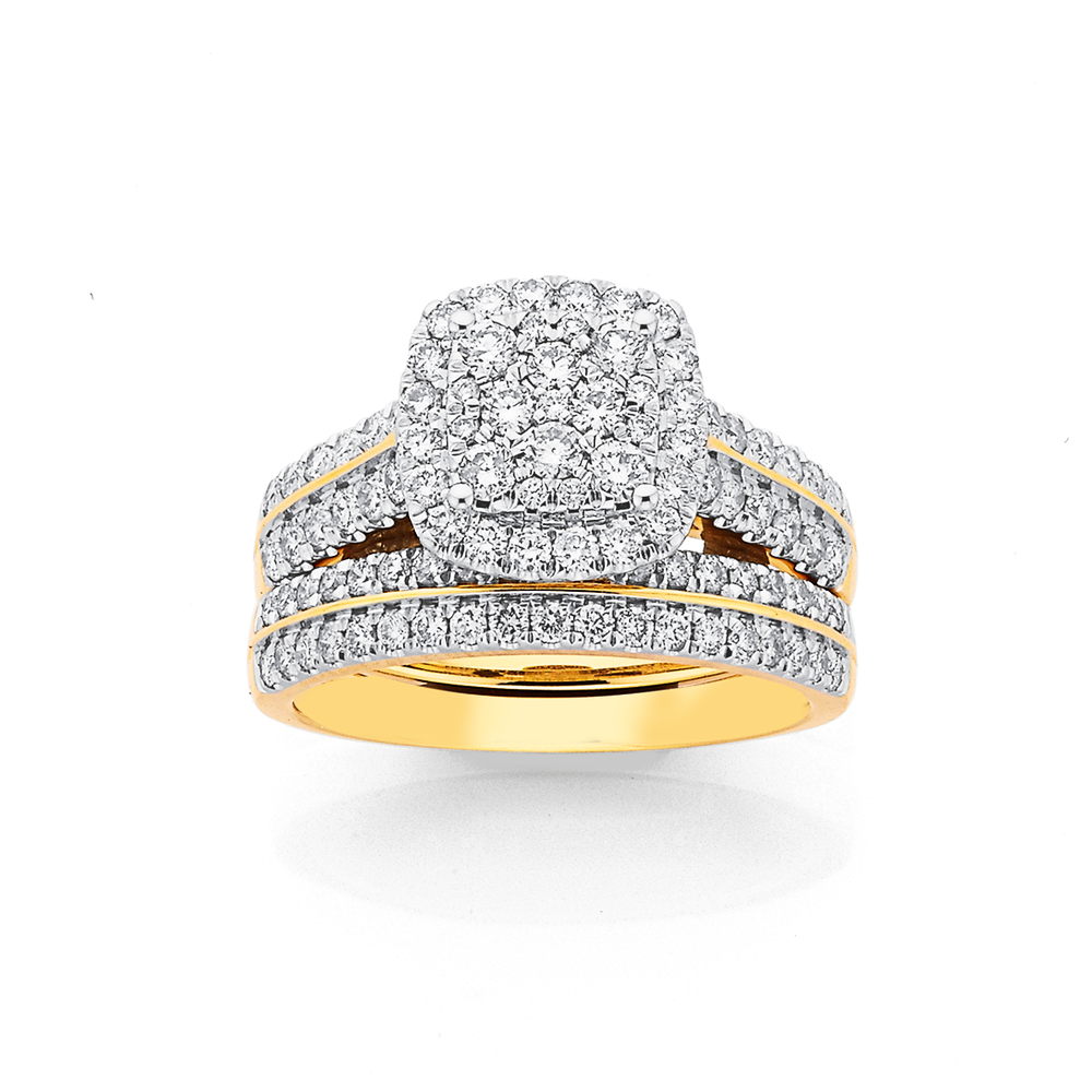 18ct Gold Diamond Cluster Cushion Shape Bridal Set Rings Prouds The Jewellers