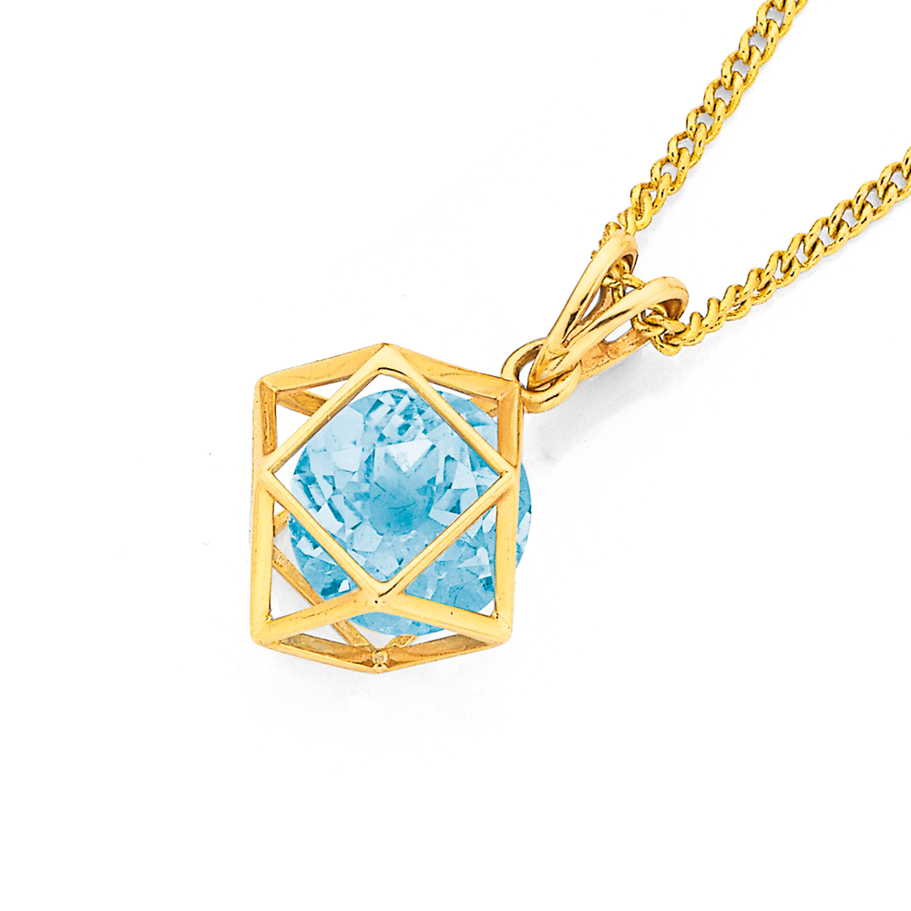 Blue Topaz Pendant Necklace w/ Diamond Halo 14K Rose Gold