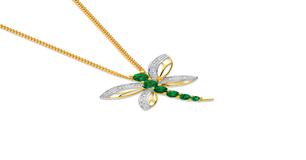 9ct Created Emerald & Diamond Dragonfly Pendant in Green Prouds