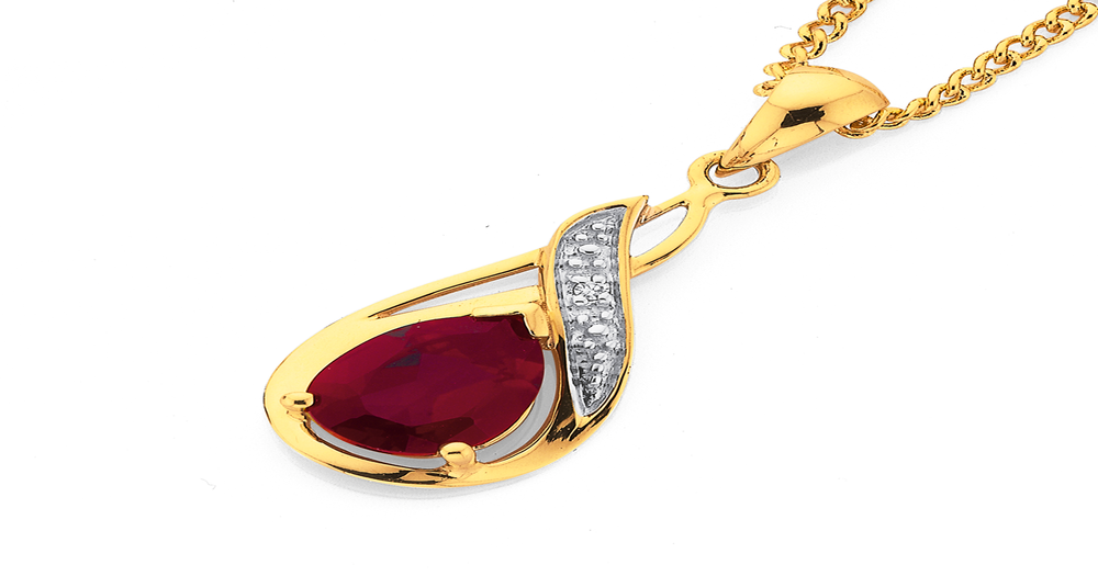 9ct Created Ruby & Diamond Pear Swirl Drop Pendant Prouds