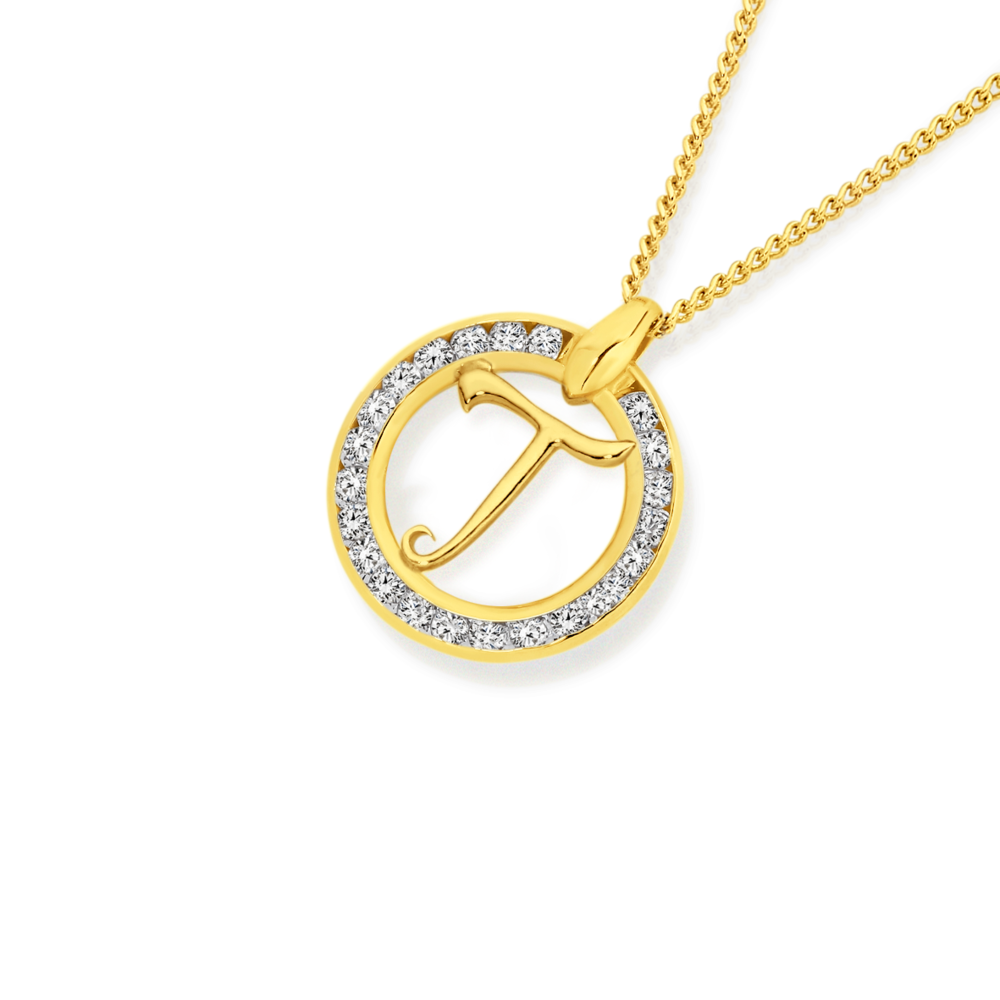 9ct Cubic Zirconia Circle Script Initial T Pendant in White Prouds