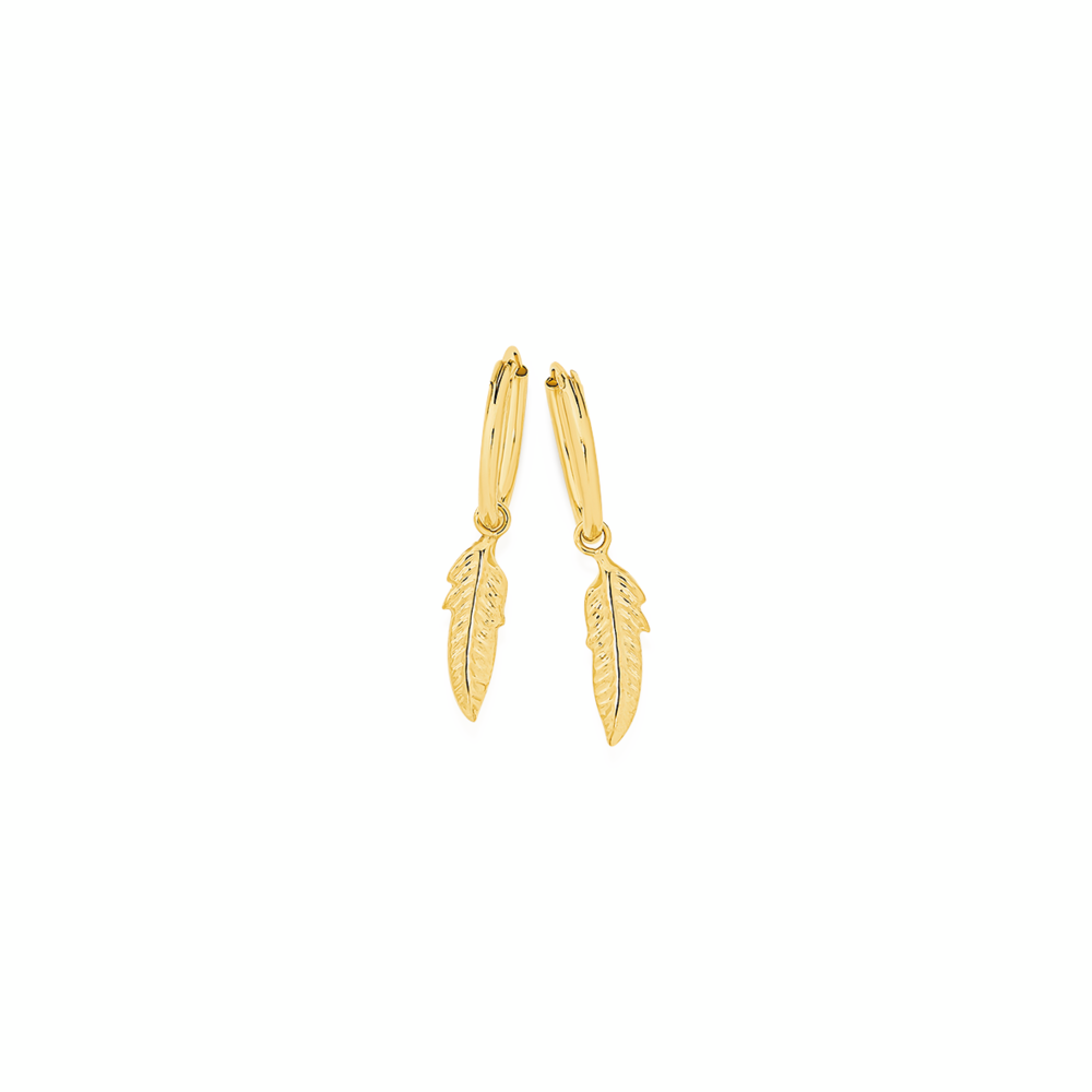 9ct Gold 10mm Feather Drop Flex Hoop Earrings