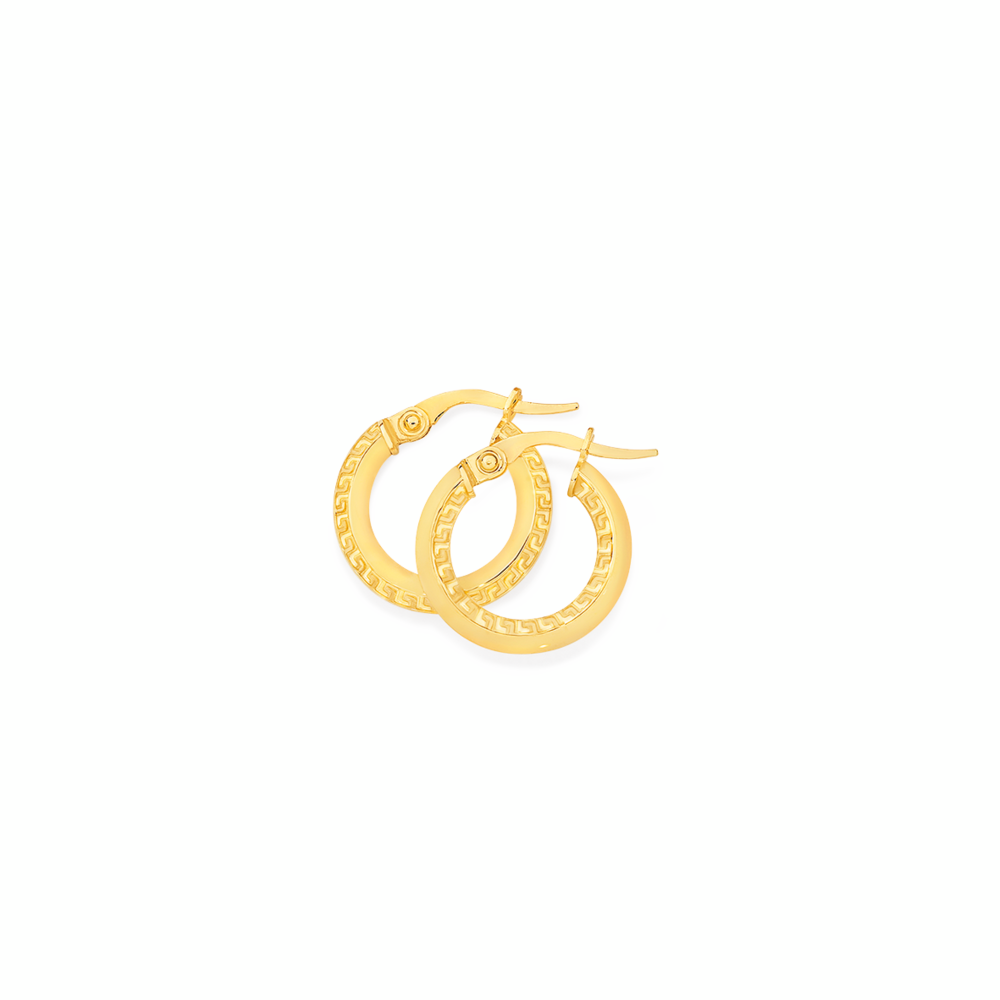9ct Gold 10mm Greek Key Pattern Knife Edge Hoop Earrings