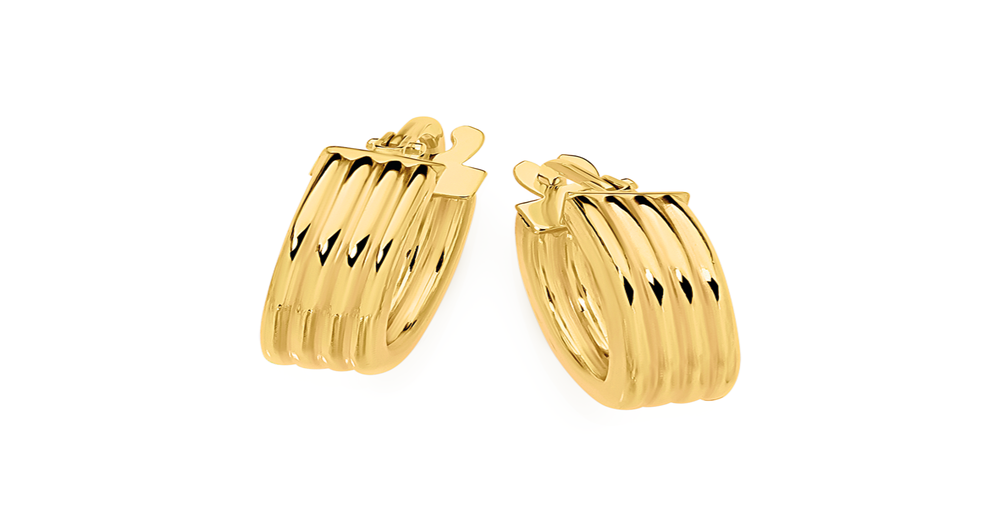 9ct Gold 10mm Lined Hoop Earrings Prouds