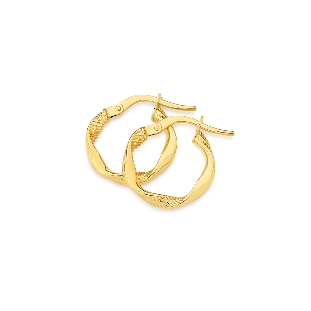 9ct Gold 10mm Plain & Pattern Loose Twist Hoop Earrings