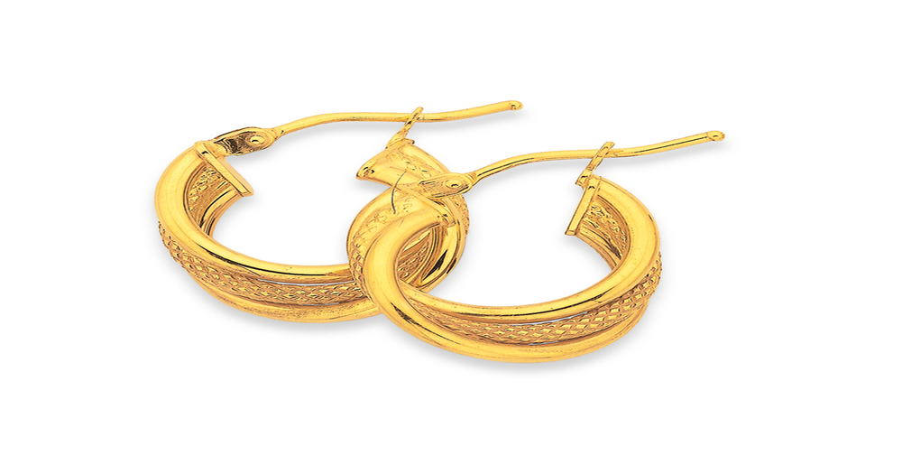 9ct Gold 10mm Plain & Patterned Triple Hoop Earrings | Prouds