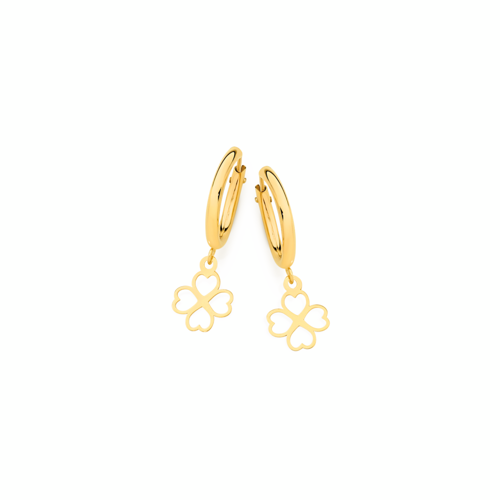 9ct Gold 12mm Clover Drop Flex Hoop Earrings