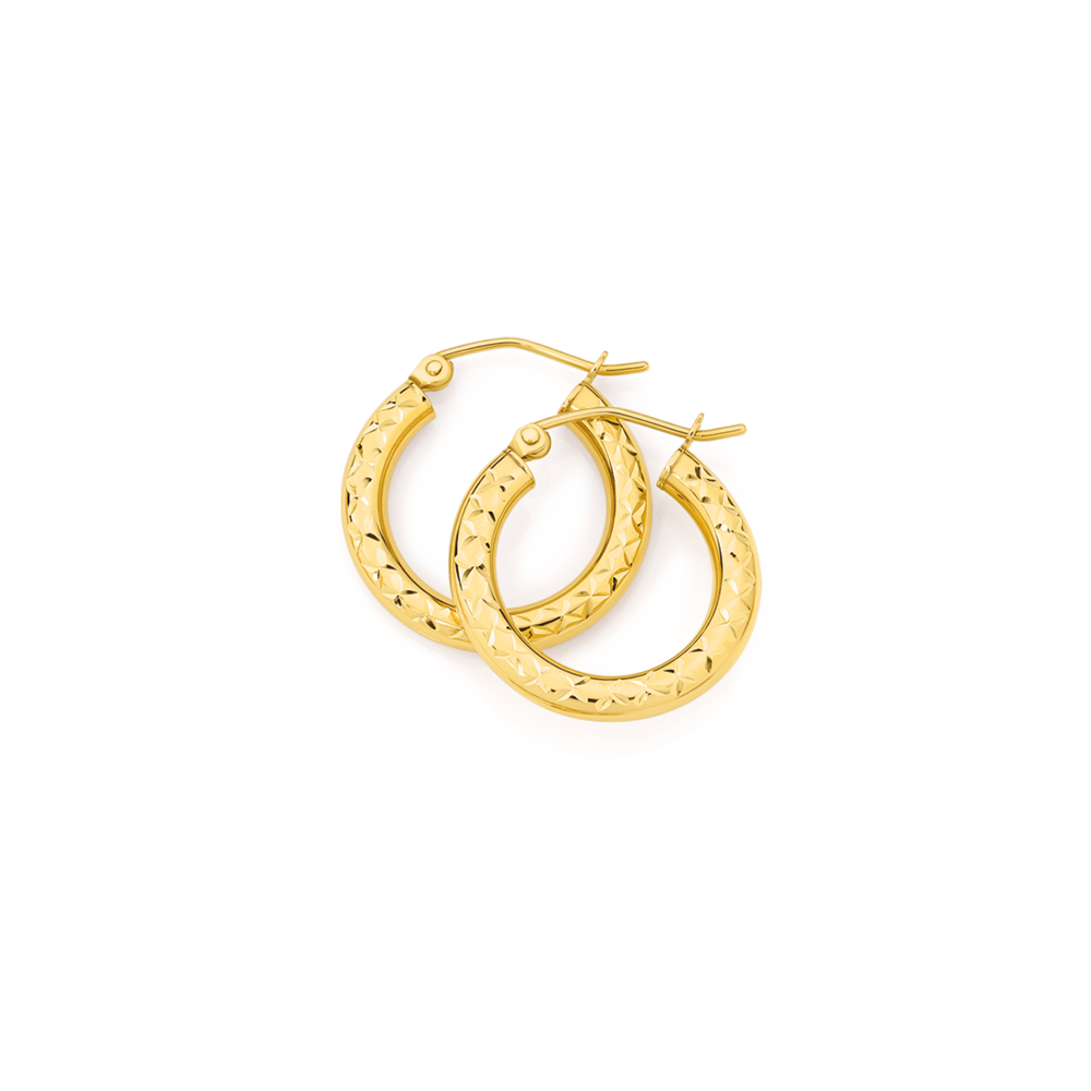 9ct Gold 14.5mm Diamond-Cut Pattern Side Hoop Earrings