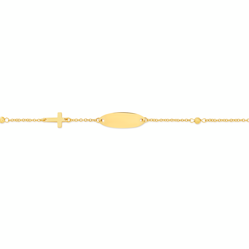 9ct Gold 14cm Cross Oval Identity Bead Solid Trace Bracelet