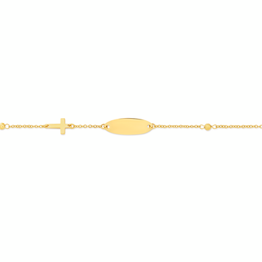 9CT GOLD 14CM CROSS OVAL IDENTITY BEAD SOLID TRACE BRACELET