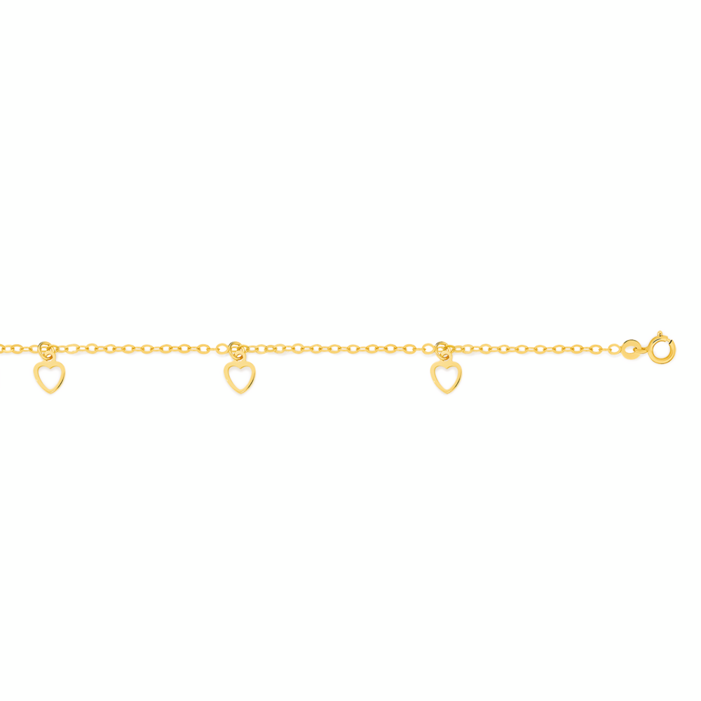 9ct Gold 14cm Triple Open Heart Solid Trace Bracelet