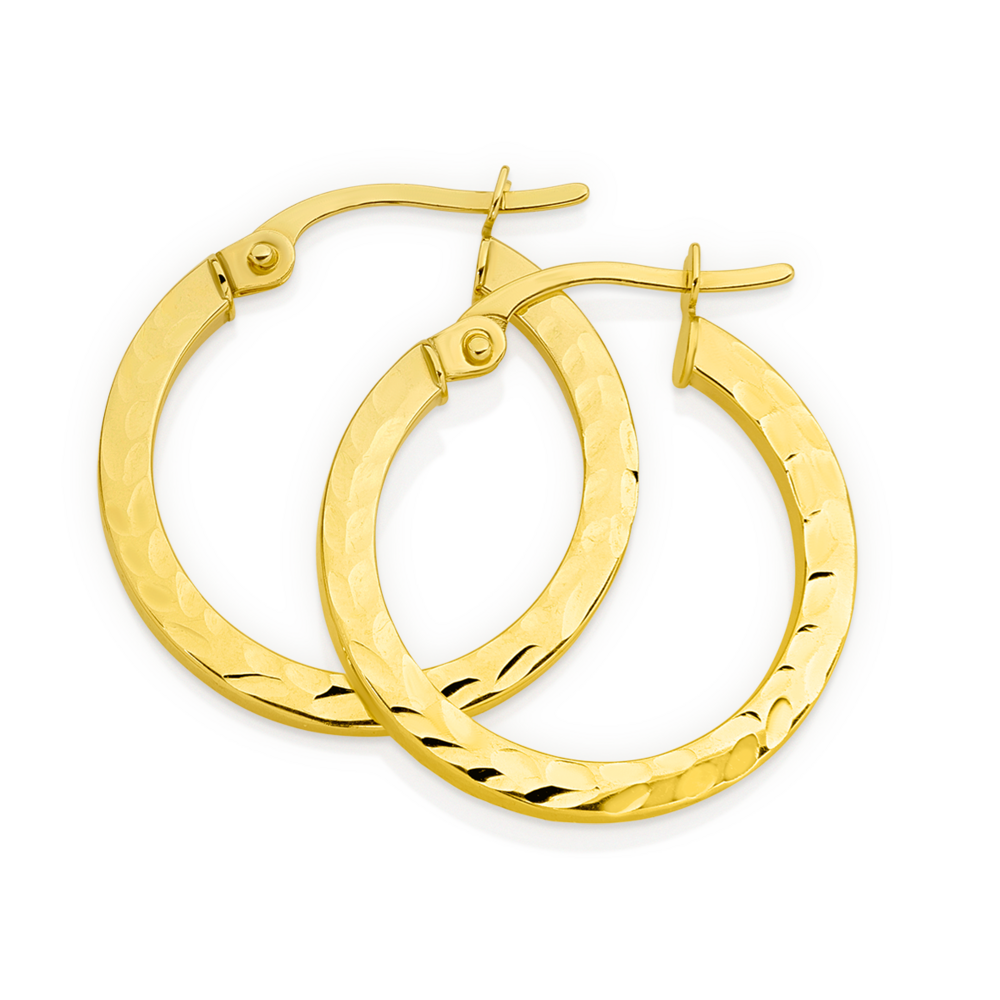 9ct Gold 15mm Diamond Cut Square Tube Hoop Earrings