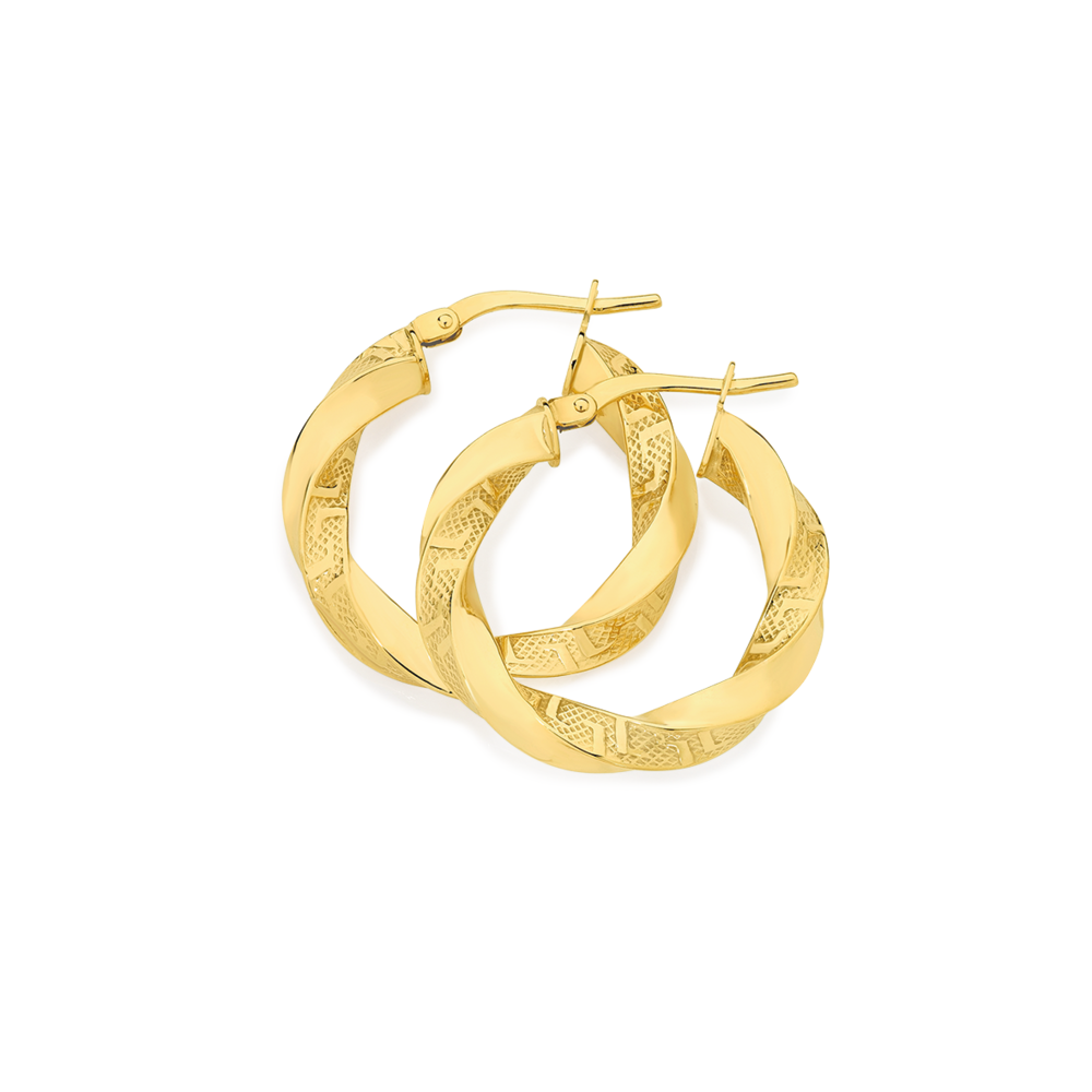9ct Gold 15mm Greek Key Twist Hoop Earrings Prouds