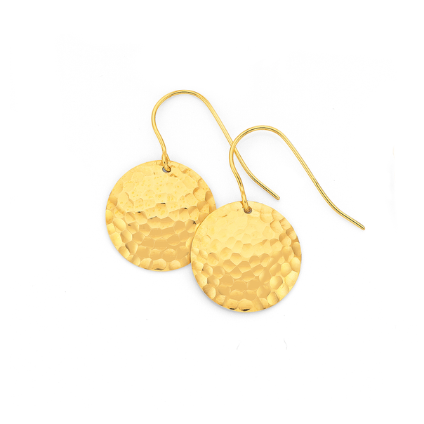 9ct Gold 15mm Hammered Disc Drop Earrings