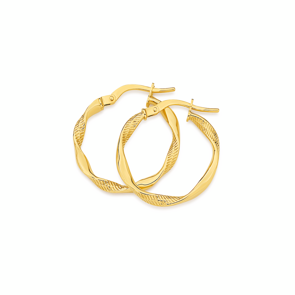 9ct Gold 15mm Plain & Pattern Loose Twist Hoop Earrings