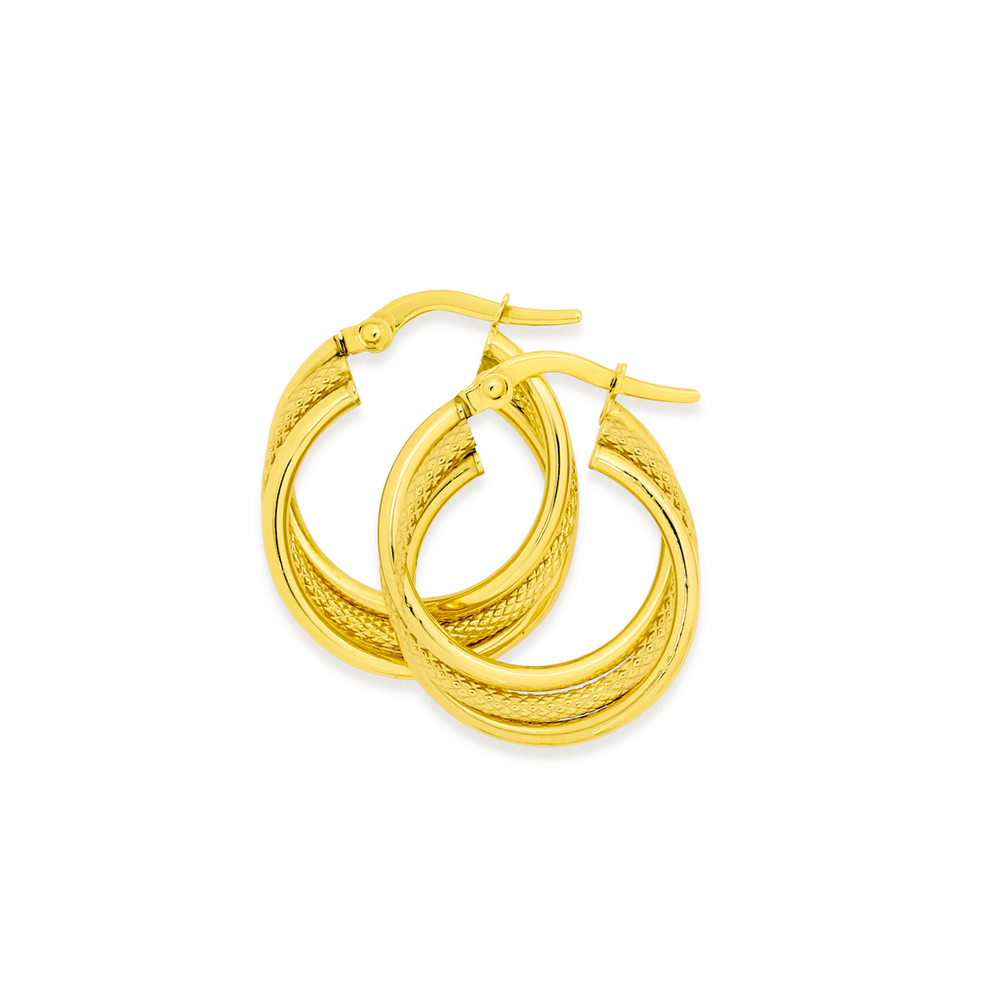 9ct Gold 15mm Plain & Pattern Triple Hoop Earrings
