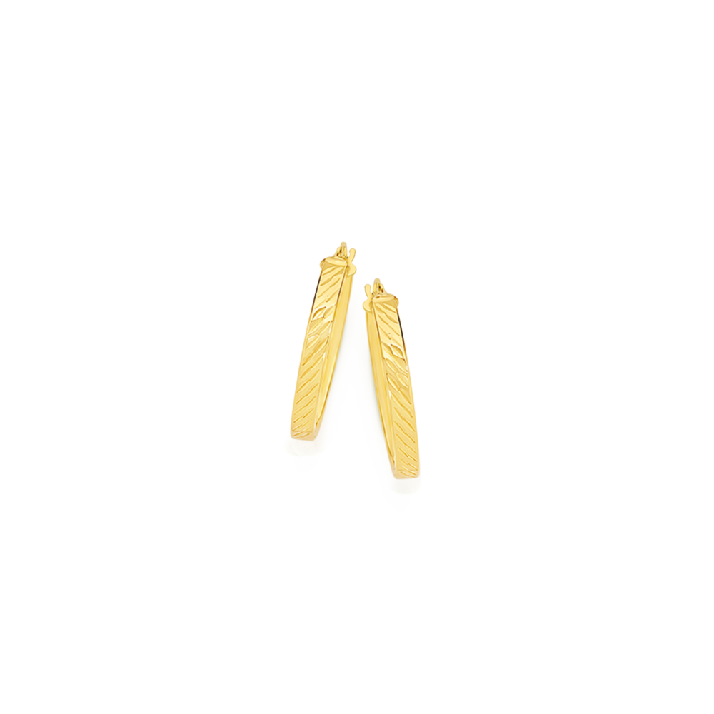 9ct Gold 15mm Square Tube Diamond-Cut Oval Hoop Earrings