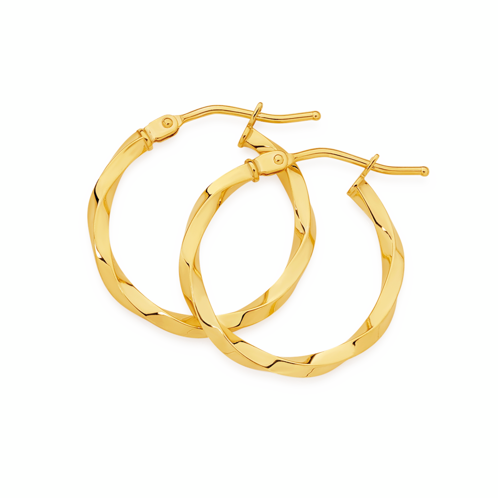 9ct Gold 15mm Squared Twist Hoop Earrings