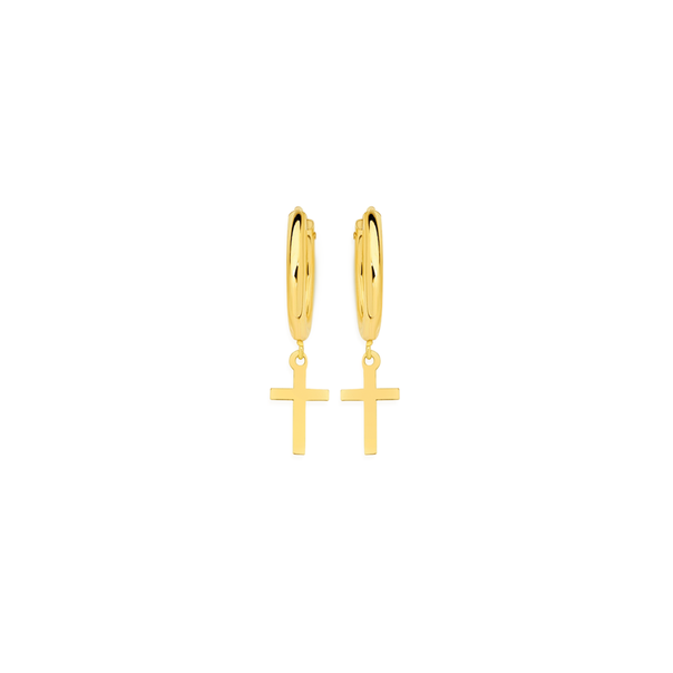 9ct Gold 1.5x10mm Hoop Earrings With Cross Drop