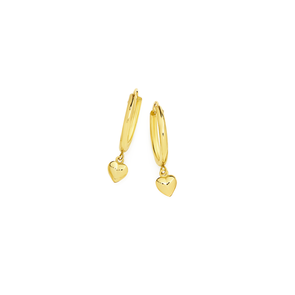 9ct Gold 1.5x10mm Hoop Earrings With Heart Drop