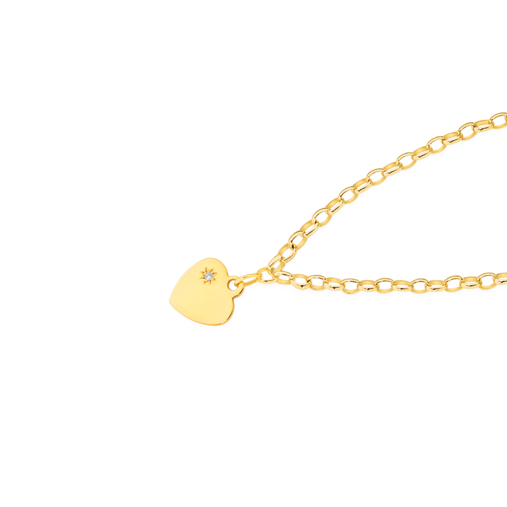 9ct Gold 16.5cm Solid Belcher Diamond Heart Charm Bracelet