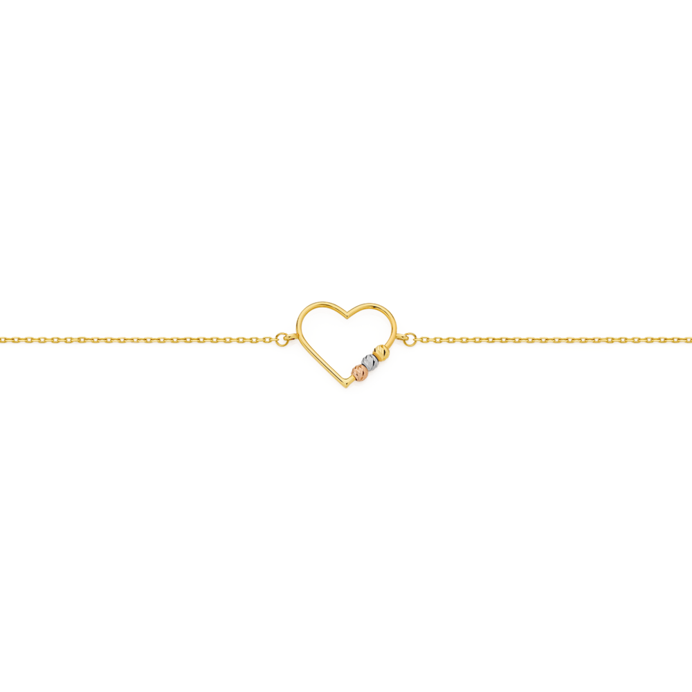 9ct Gold 19cm 3 tone Dia cut Beaded Open Heart Bracelet Prouds