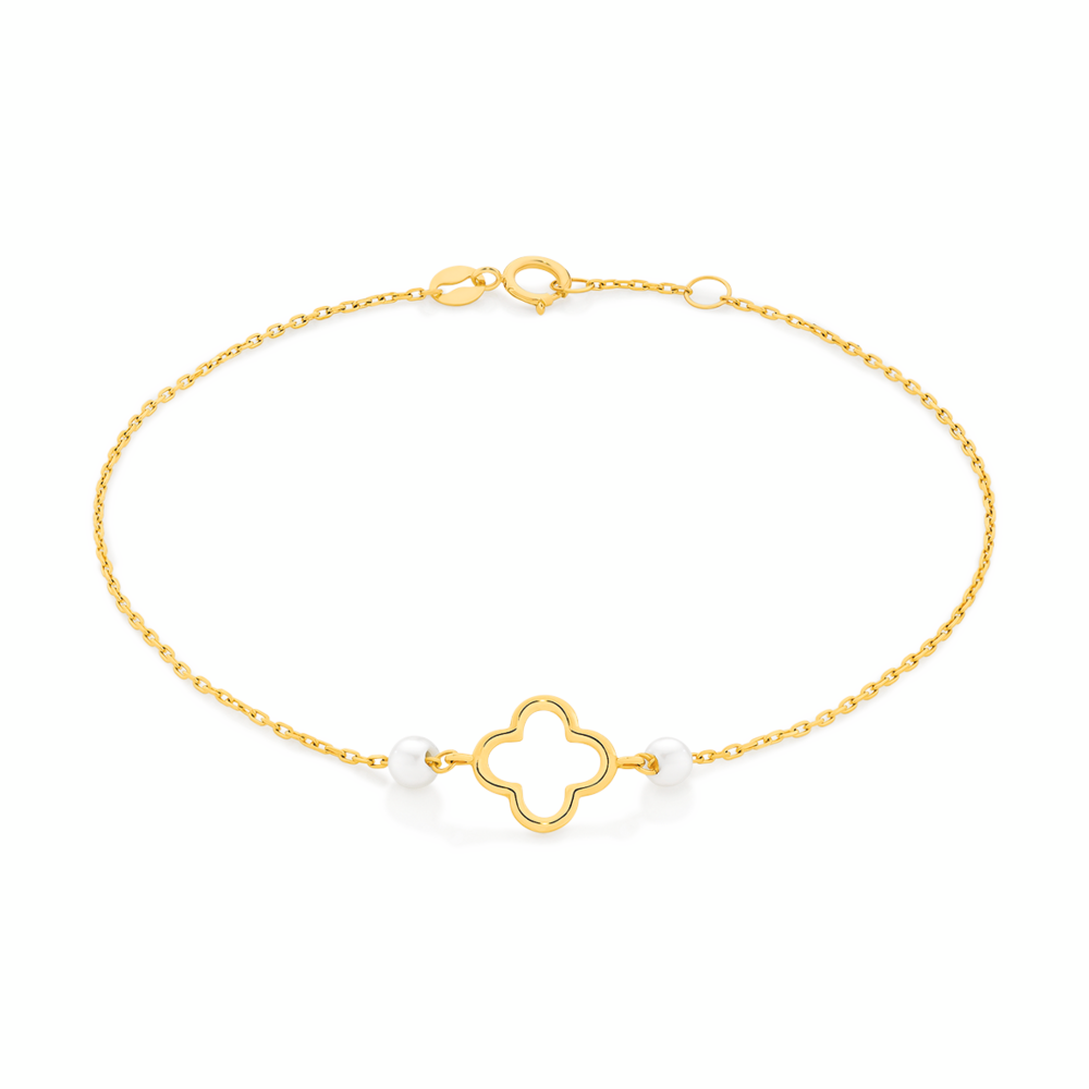 9ct Gold 19cm Cultured Freshwater Pearl & Clover Trace Bracelet