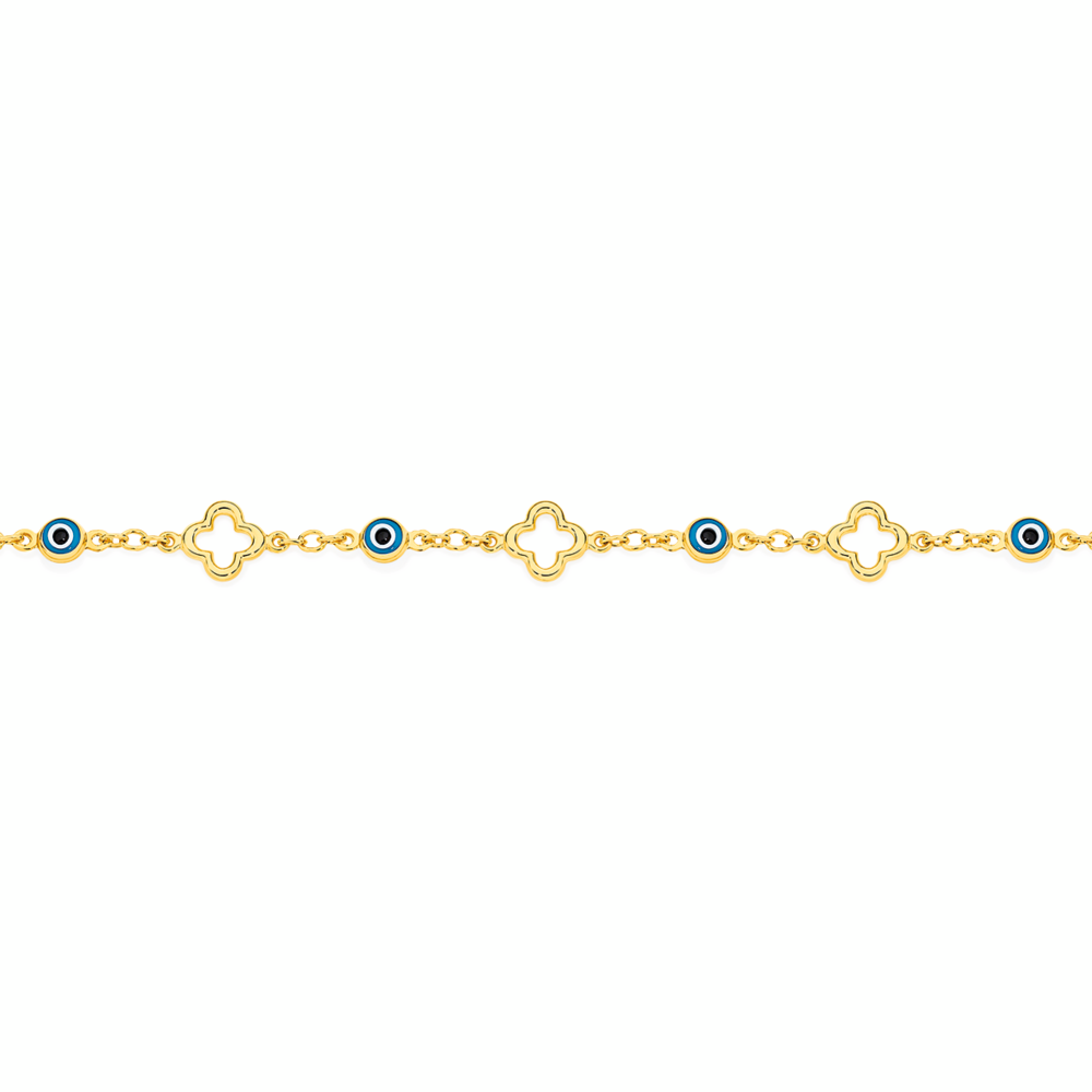 9ct Gold 19cm Open Clover & Evil Eye Bracelet