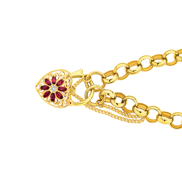 9ct Gold 19cm Solid Belcher Created Ruby & Diamond Padlock Bracelet