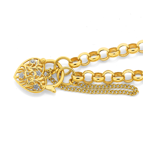 9ct Gold 19cm Solid Belcher Diamond Padlock Bracelet