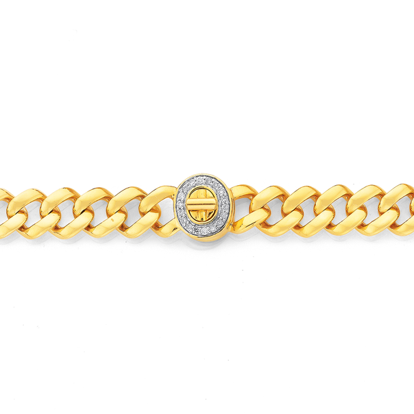 9ct Gold 19cm Solid Curb Diamond Turnlock Bracelet