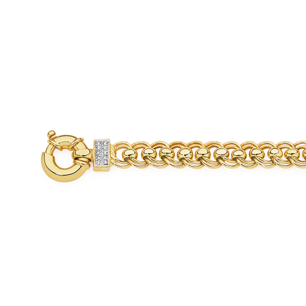 9ct Gold 19cm Solid Double Rollo Bolt Ring Bracelet With Diamond ...