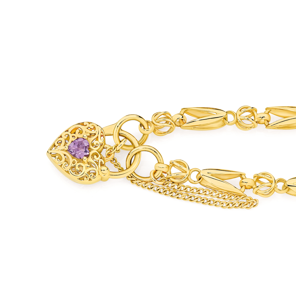 9ct Gold 19cm Solid Tulip Link Amethyst Padlock Bracelet in Purple Prouds