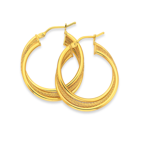 9ct Gold 20mm Plain & Patterned Triple Hoop Earrings