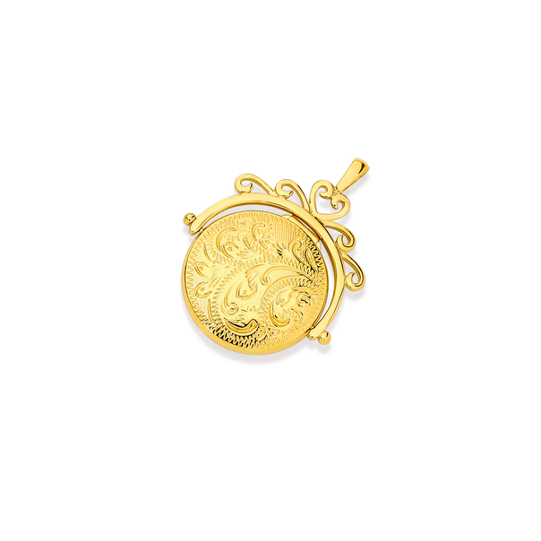 9ct Gold 25mm Filigree Engraved Flat Round Spinner Locket