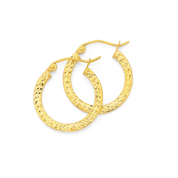 9ct Gold 2.5x15mm Diamond-cut Flat Hoop Earrings