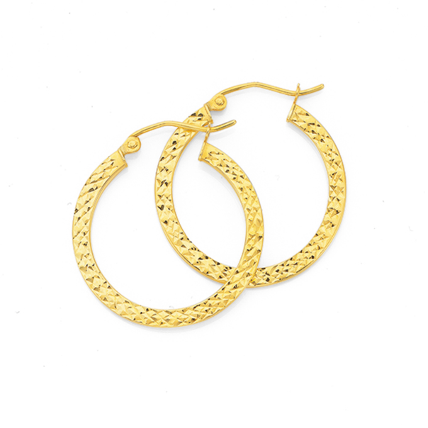 9ct Gold 2.5x20mm Diamond-cut Flat Hoop Earrings