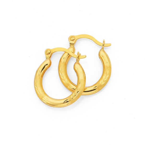 9ct Gold 2x10mm Satin Diamon-cut Hoop Earrings