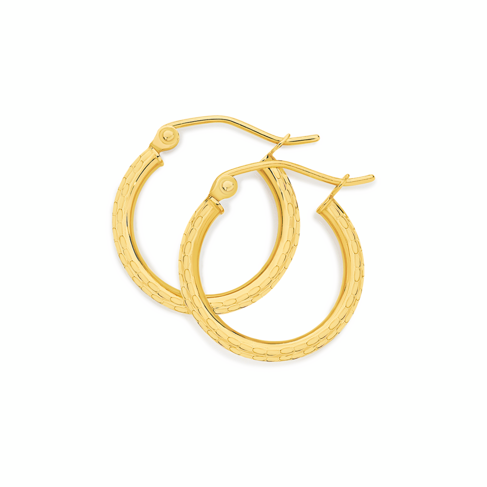 9ct Gold 2x12mm Diamond-Cut Hoop Earrings