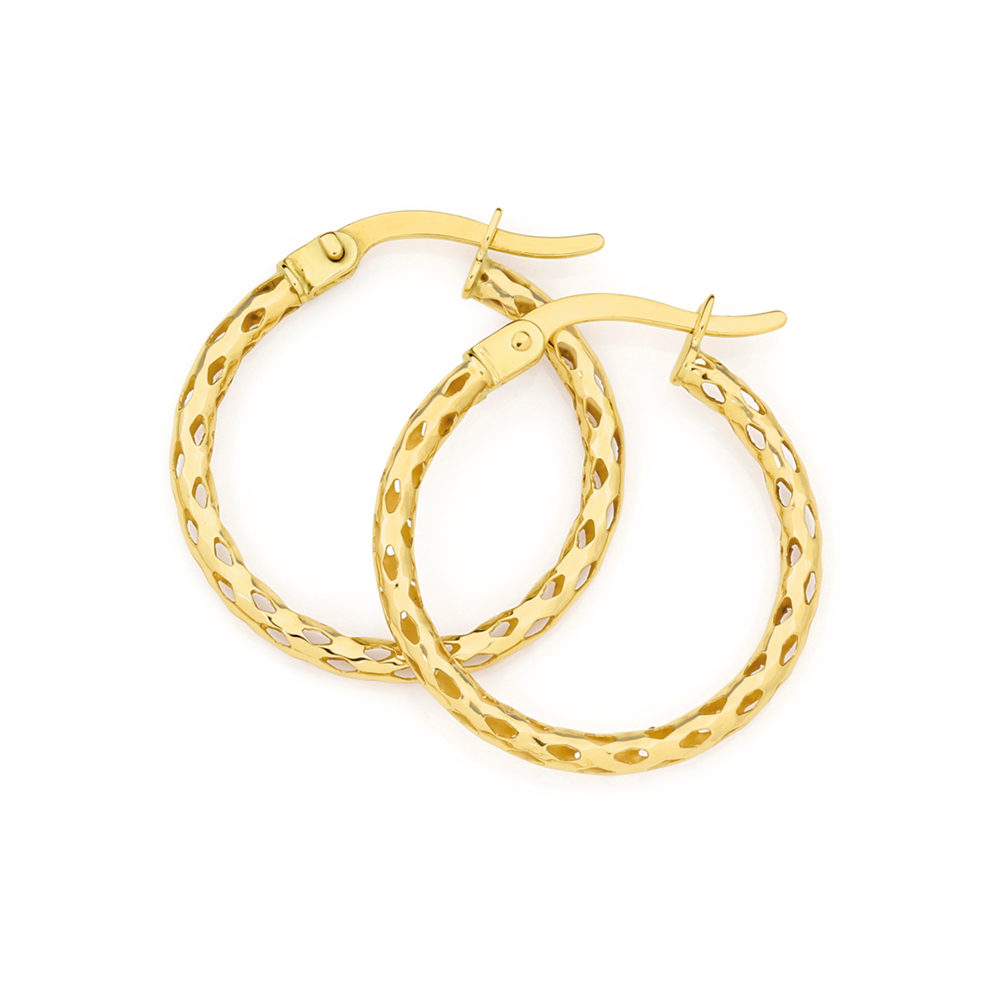 9ct Gold 2x15mm Filigree Hoop Earrings