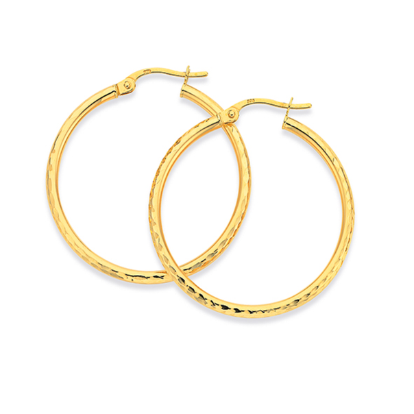 9ct Gold 2x25mm Diamond-cut Hoop Earrings