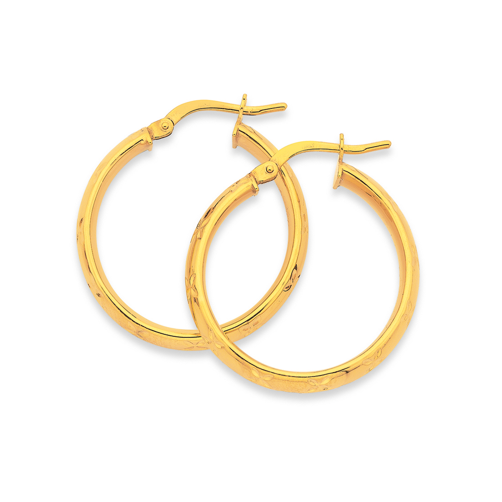 9ct Gold 5x20mm Patterned Half Round Hoop Earrings Prouds