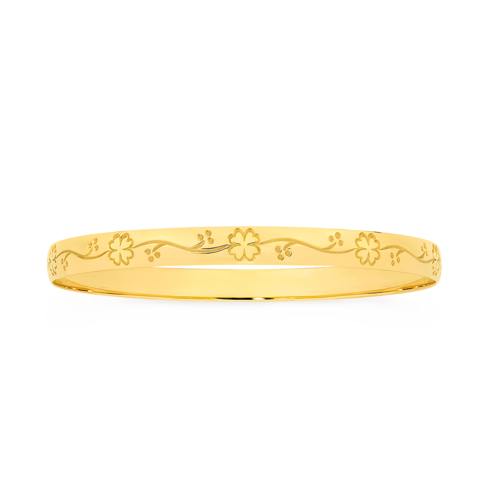 9ct Gold 65mm Solid Clover & Leaves Pattern Bangle