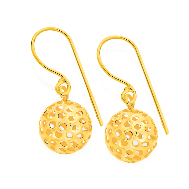 9ct Gold 8mm Diamond-cut Ball Drop Earrings