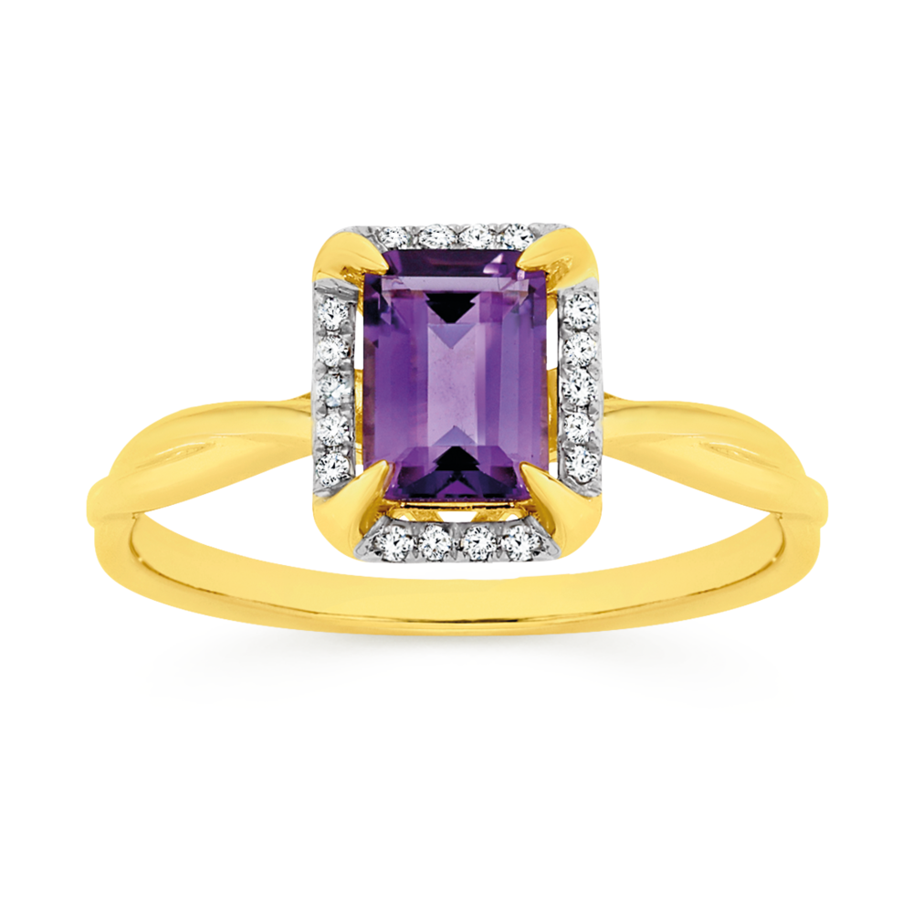 9ct Gold Amethyst Diamond Emerald Cut Ring in Purple Prouds