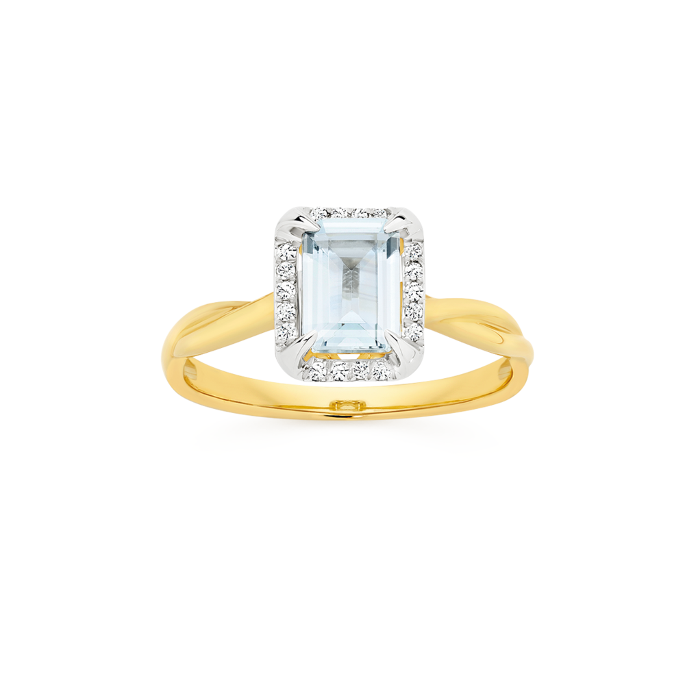 9ct Gold Aquamarine Diamond Ring in Blue Prouds