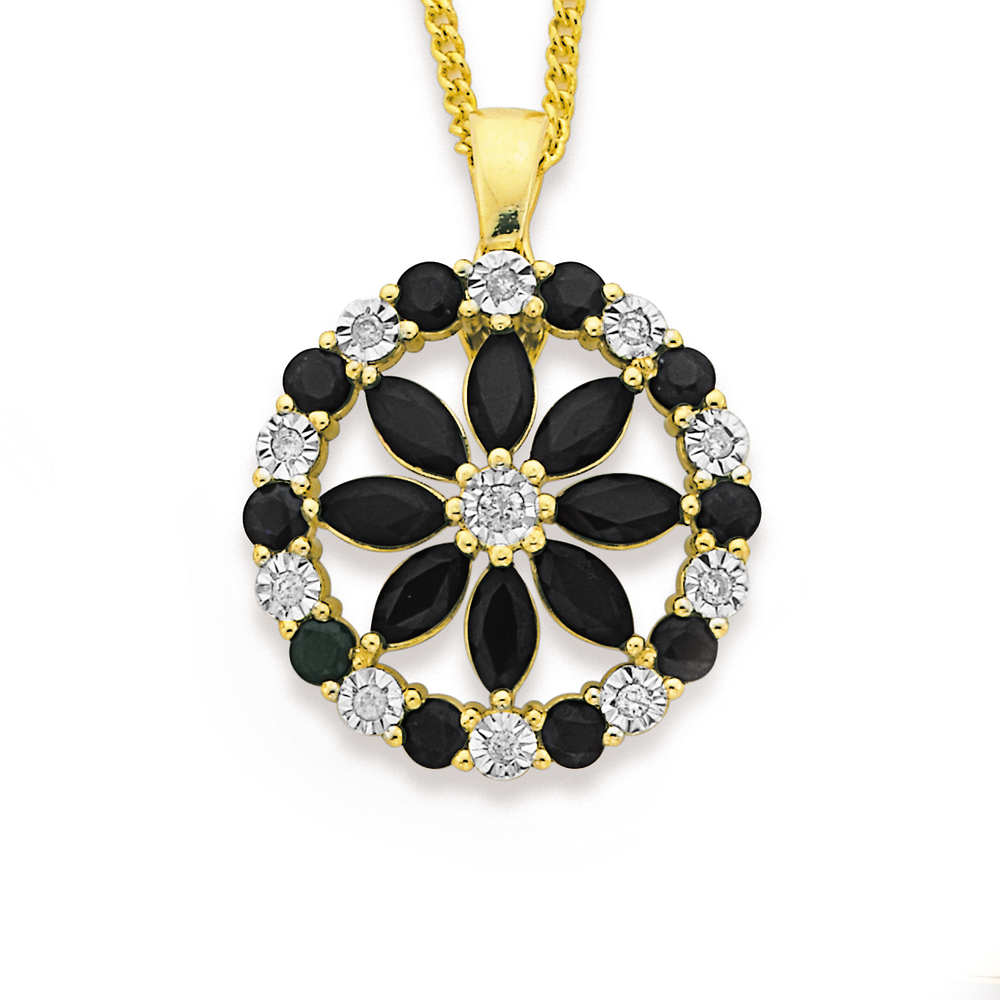 9ct Gold Black Sapphire .10ct Diamond Wreath Enhancer Pendant in
