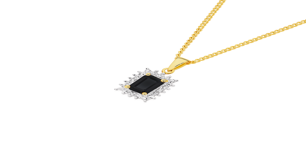 9ct Gold Black Sapphire & Diamond Emerald Cut Pendant in Black Prouds