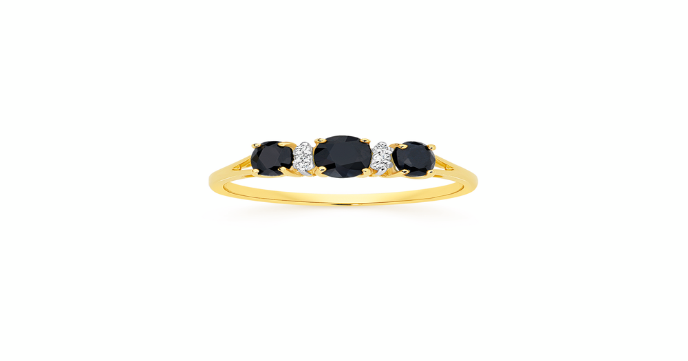 9ct Gold Black Sapphire & Diamond Oval Cut Trilogy Dress Ring in Black ...