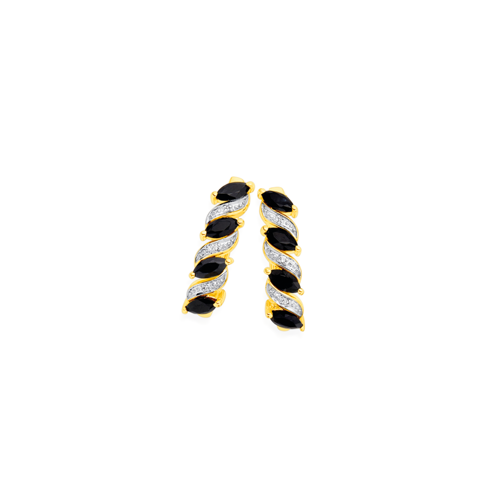 9ct Gold Black Sapphire Diamond Swirl Hoop Earrings in Black